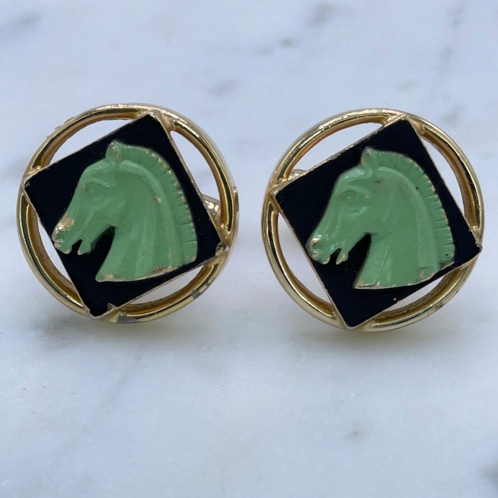 Vintage Men Gold Black Green 3D Horse Head Equestrian Cufflinks + Tie Clasp Clip - Picture 2 of 9